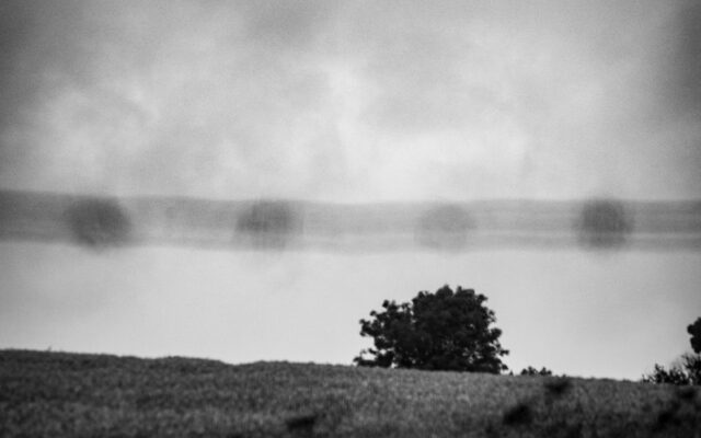 Black and white winter landscape with solitary tree on rolling fields under dramatic cloudy sky, Butlers Marston Warwickshire